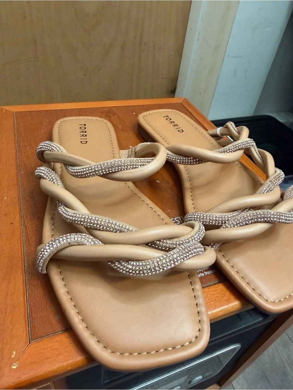 Torrid Women’s Rhinestone Strappy Slide Sandals Nude/Brown.  Size: 8.5
